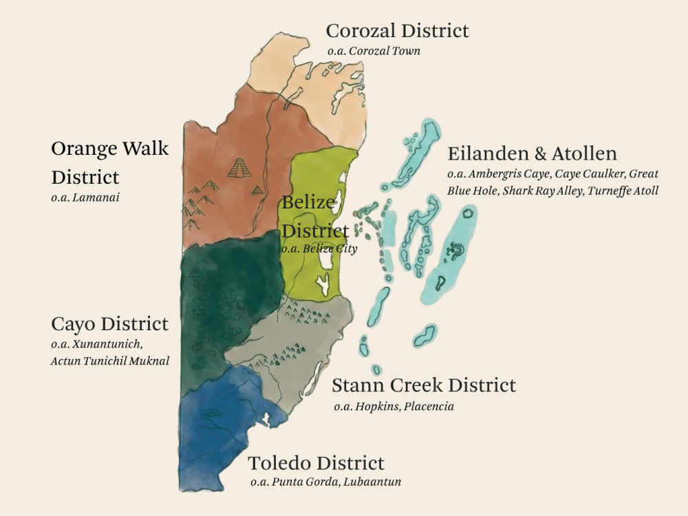 Landkaart districten en eilanden Belize - Undiscovered.nl